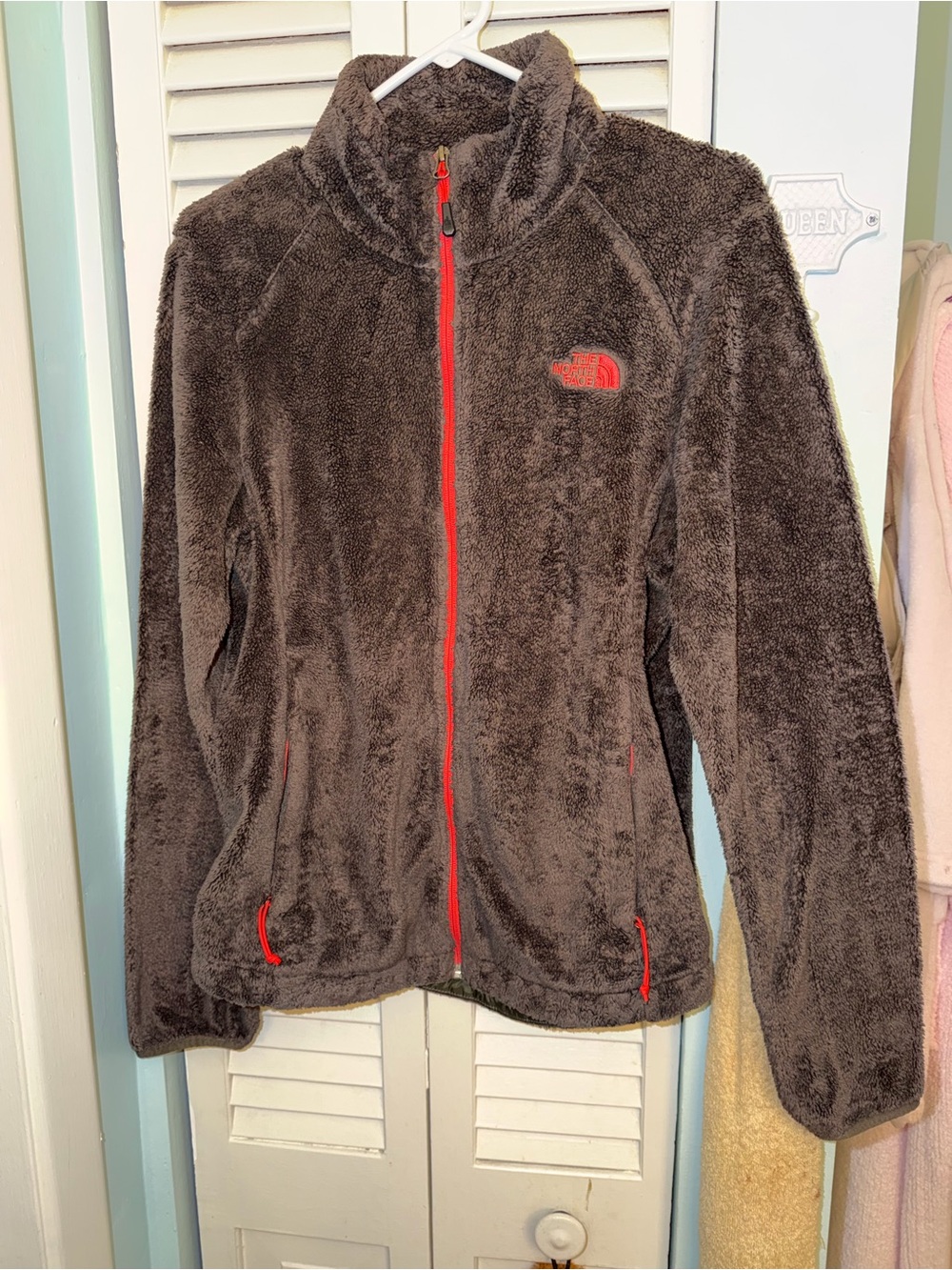 The North Face Olive Green Plush Fleece Jacket with Coral Pink Trim